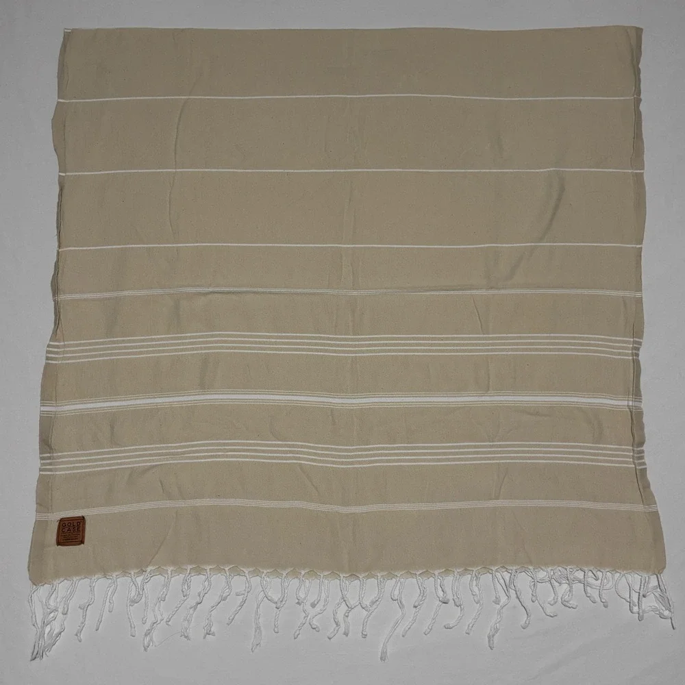 Gold Case Turkish Towel Unisex OS Beige Striped Cotton Fringe Tassel Peshtemal
